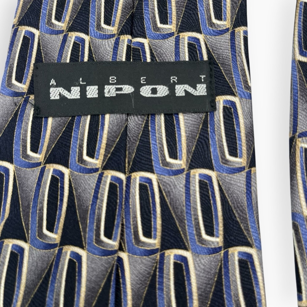 Vintage Albert Nipon Silk Neck Tie Blue Gray Geometric 59.5in Abstract - Picture 3 of 8